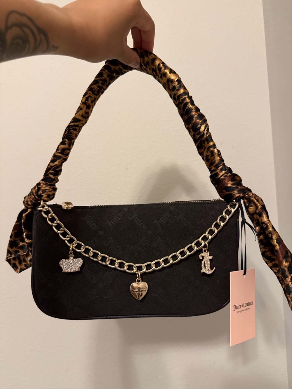 Juicy Couture Brown Shoulder Bag with Leopard-Print Scarf and Gold Chain Charms
